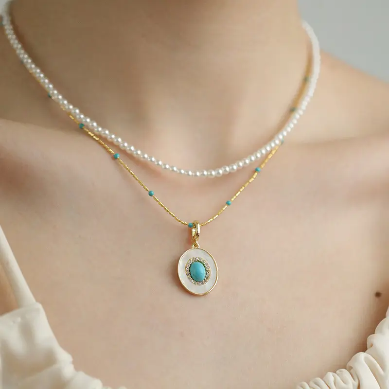 Denis Turquoise Pearl Necklace for Women New Chinese Style Light Luxury Temperament Elegant Commuter High-Grade Twin Clavicle Chain