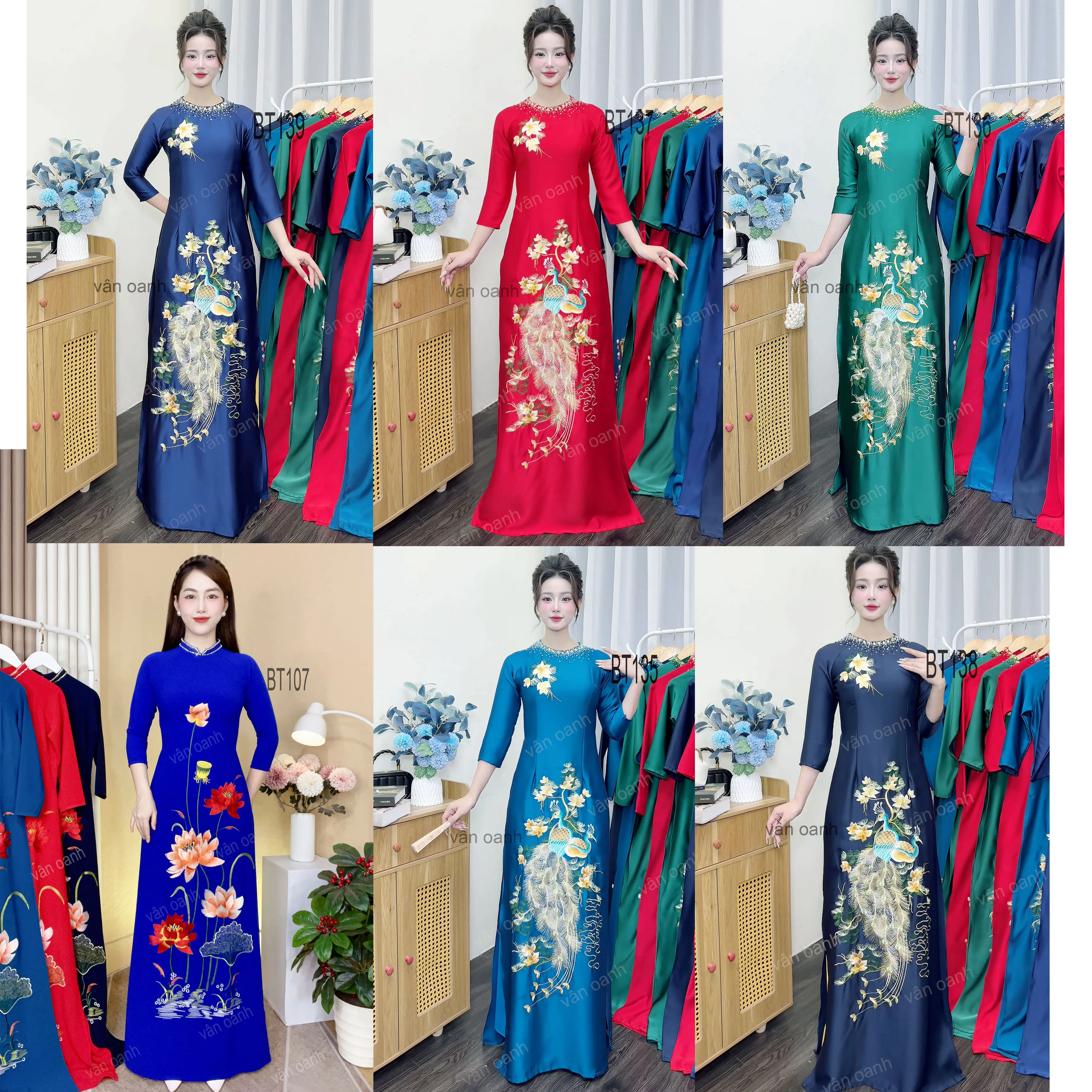 Áo Dài Thêu Tinh Sảo Họa Tiết Đính Kết Cổ Áo Sang Trọng