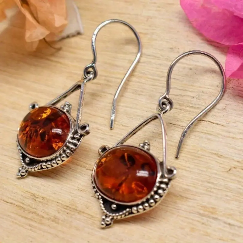 Vintage Bohemian Style Zinc Alloy Amber Stone Drop Earrings - Perfect for Anniversary & Birthday Gifts, Party and Evening Accessory 2