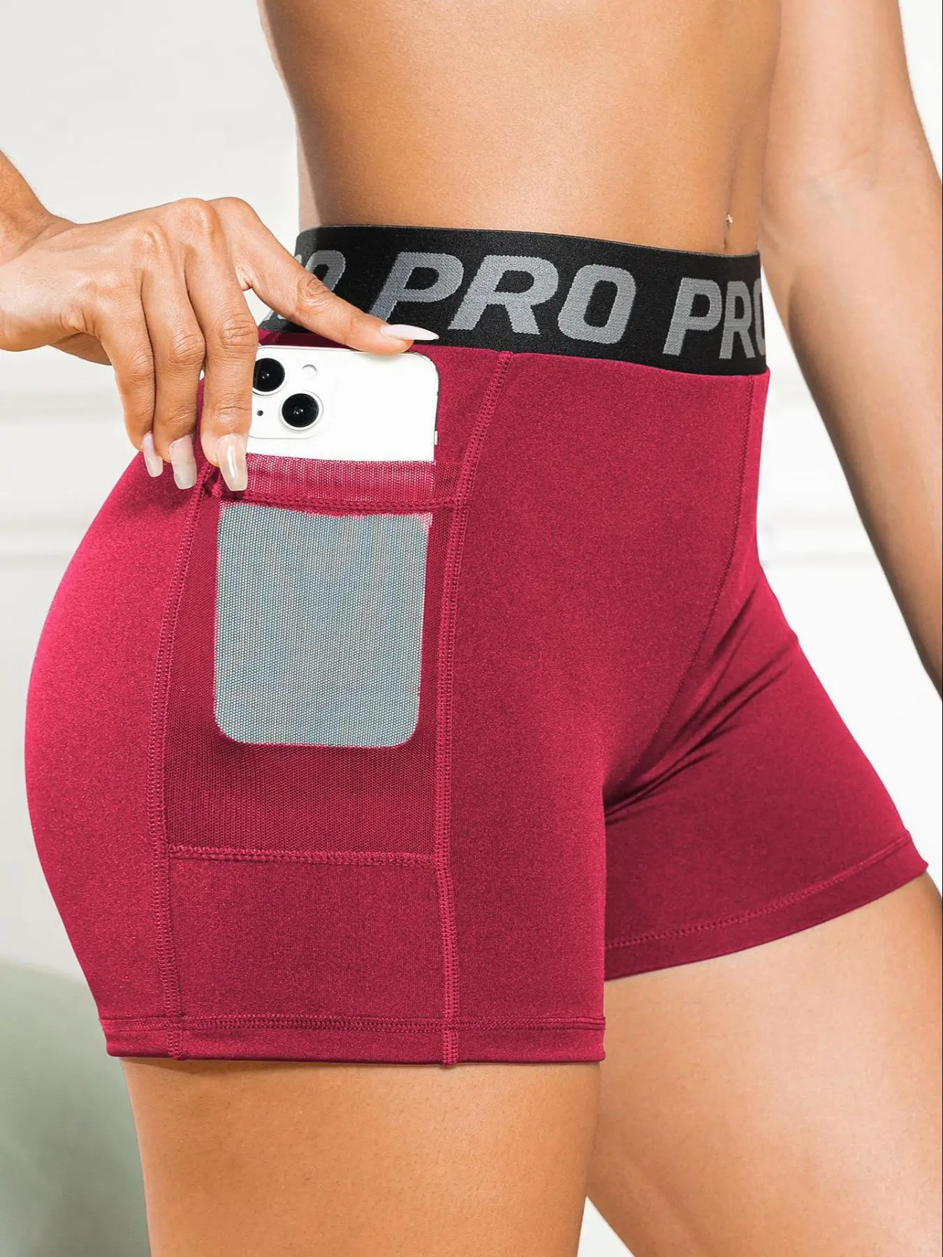 Women's Letter Tape Pocket Design Shorts, Casual Comfy Breathable High Waist Skinny Shorts for Yoga Gym Workout Running, Ladies Summer Bottoms