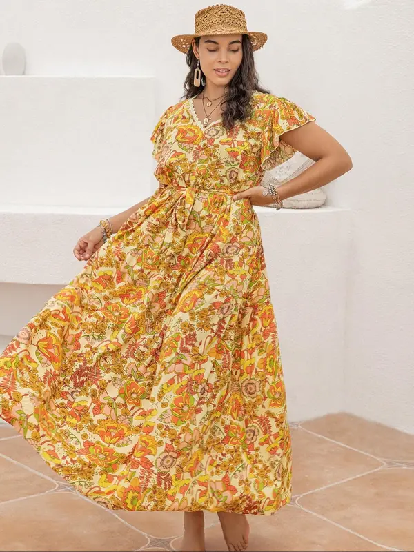 【Plus Size】Floral Print Ruffle Hem Belted A Line Light Dress, Comfort Bohemian Dresses for Women, Contrast Lace V Neck Long Dress for Beach Vacation Holiday, Summer Dresses 2025, Sun Dress, Dresses for Holiday 5
