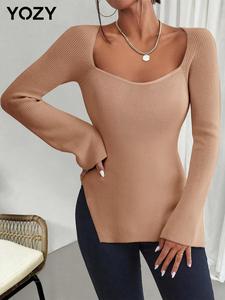 YOZY Women's Plain Flounce Sleeve Scoop Neck Sweater, Casual Long Sleeve Jumper for Summer, Fashion Women's Knitwear for Daily Wear