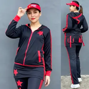 Baju Senam Aerobik Setelan Lapangan Zumba Olahraga Panjang Muslim Hijab Cycling Rok Hitam Merah Seragam
