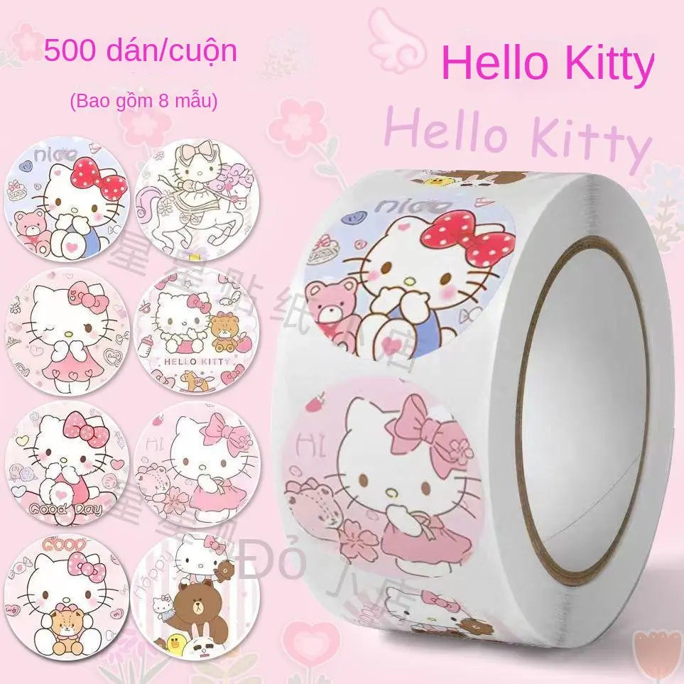 Miếng Dán Trang Trí Hello Kitty Hoạt Hình, 500 Miếng / Cuộn, Tự Dính, Miếng Dán Đồ Chơi Khen Ngợi Phần Thưởng Cho Trẻ Em