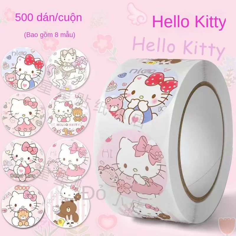 Miếng Dán Trang Trí Hello Kitty Hoạt Hình, 500 Miếng / Cuộn, Tự Dính, Miếng Dán Đồ Chơi Khen Ngợi Phần Thưởng Cho Trẻ Em 0