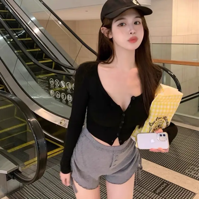 Áo Croptop Dài Tay Cúc Giữa Cực Xinh Phong Cách Hàn Quốc Mới Nhất B2 Sơ Mi Nữ Nhung Voi Thun 4