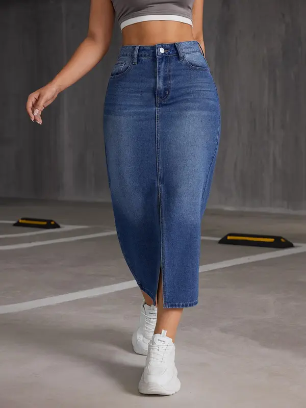 Women's Split Hem Bodycon Denim Skirt, Fashion Casual High Waist Midi Skirt for Daily Outdoor Wear, Ladies Bottoms for Summer 4