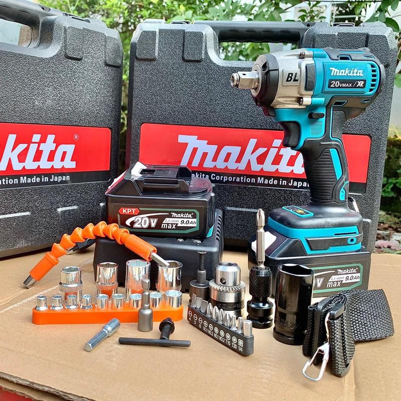 Máy Siết Bulong Makita kèm phụ kiện, máy bắn bulong, mở ốc, bắt vít, khoan, Pin 20v 10 Cell, Đầu 2 trong 1, Động cơ không chổi than