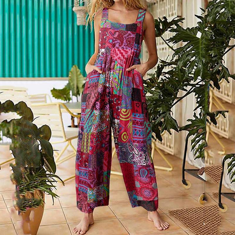 Product Introduction of Women Summer Overalls, Multicolor Ethnic Style Square Neck Sleeveless Casual Jumpsuit with Pockets for Girls, Red/Blue 48
