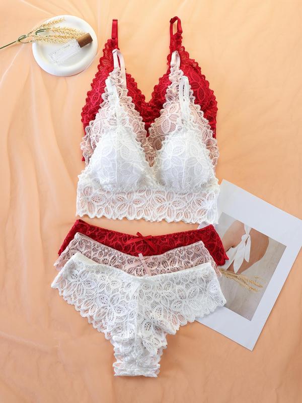 Women's Simple Contrast Lace Wireless Bra & Bow Panty Set, Lady Adjustable Spaghetti Strap Bralette & Knicker, Comfort Summer Clothes, Lingerie & Underwear Set, Underwear for Women, Co Ords for Women Womenswear Comfortable White 3