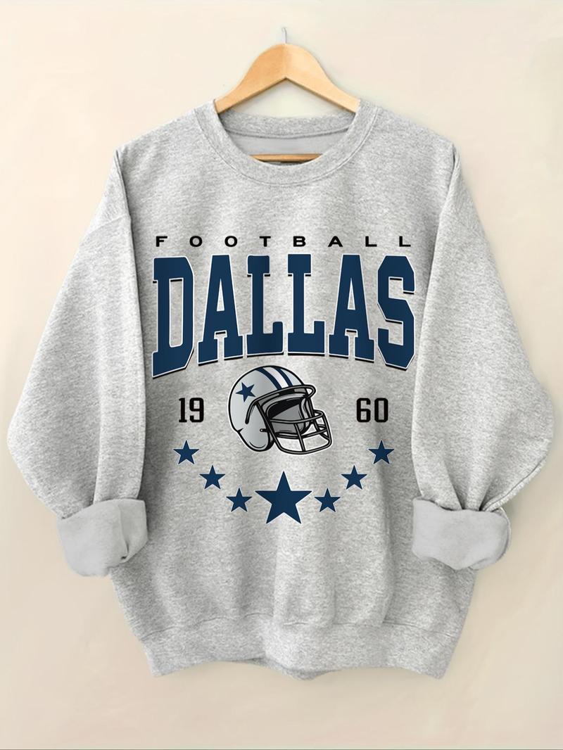 Product Introduction of Women's Vintage Dallas Football Crew Neck Sweatshirt, Casual Letter & Star Print Long Sleeve Pullover for Fall & Winter, Women's Clothes for Daily Wear 7