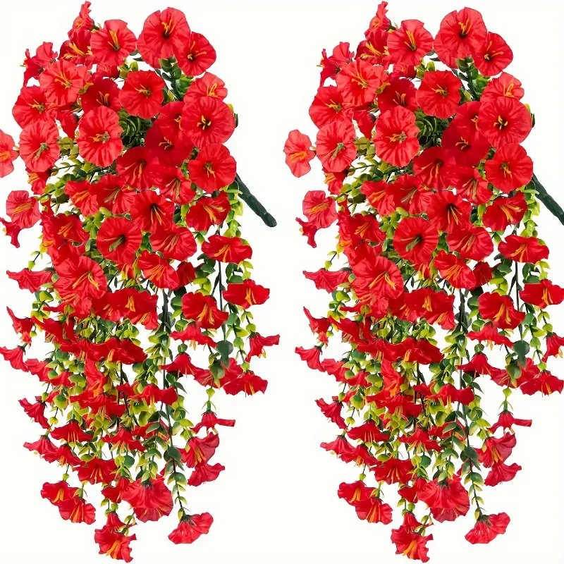 2-Pack UV Resistant Artificial Morning Glory Hanging Bouquets with Eucalyptus Leaves - Plastic Fake Daisy Plants for Outdoor Yard, All-Season Home Decor, Wedding and Engagement, Christmas, Halloween, Easter, Hanukkah, Thanksgiving No Cont Decorative Fruit 1