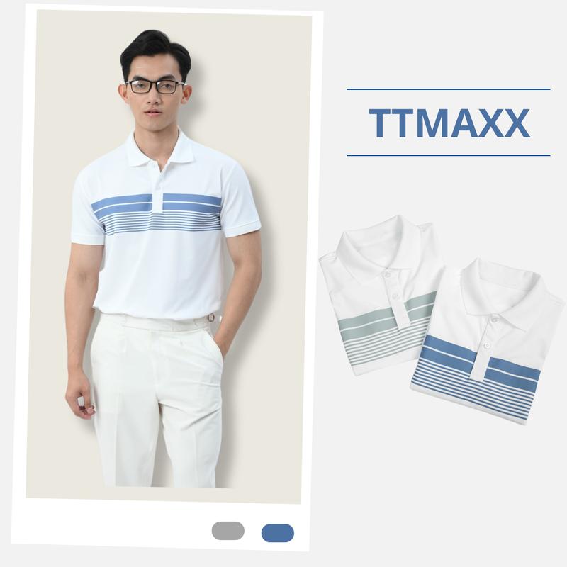Áo polo nam TTMAXX Có cổ Hoạ tiết in sọc ngang, ngắn tay. Vải dệt kim cá sấu Menswear Top Shirt