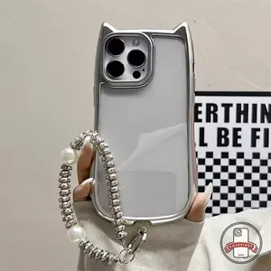 Case HP Untuk IPhone 11 15 13 14 12 Pro Max 12Pro 11Pro 14Pro 15Pro 13Pro Sederhana Tepi Perak Murni Fashion Gelang Telinga Kucing Lucu Soft Cover