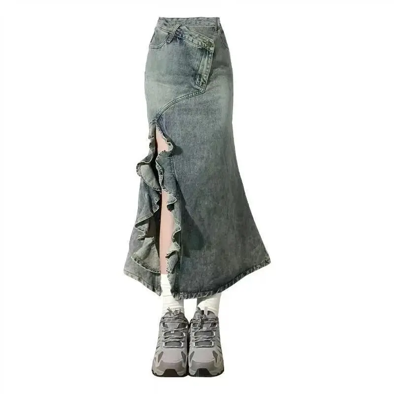 Chân Váy Denim Xẻ Tà Bất Đối Xứng Đuôi Cá, Dành Cho Nữ, Phong Cách Cổ Điển Màu Xanh Dương Với Thiết Kế Gợn Sóng Ren, Cạp Cao, Cỡ Nhỏ Gọn, Chân Váy Bodycon Cô Gái Nóng Bỏng