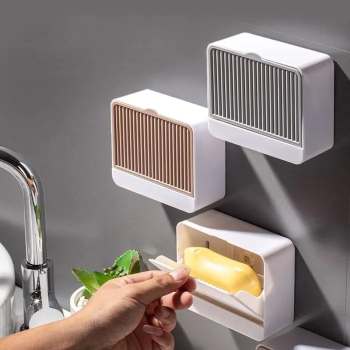 Wall Soap Tempat Sabun Batang Kamar Mandi Dinding Tempel Dapur Wastafel Drain Box Soap Multifunction Bar Soap Box Anti Debu Air Dust Proof Waterproof Dengan Pengering Soap Bar Organizer Open Flip 8