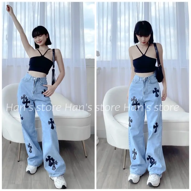 [HAN’S STORE ]QUẦN SUÔNG ĐẮP THÁNH GIÁ BẰNG DA ĐEN( ẢNH THẬT 1OO%) Nữ Women Jean Pants