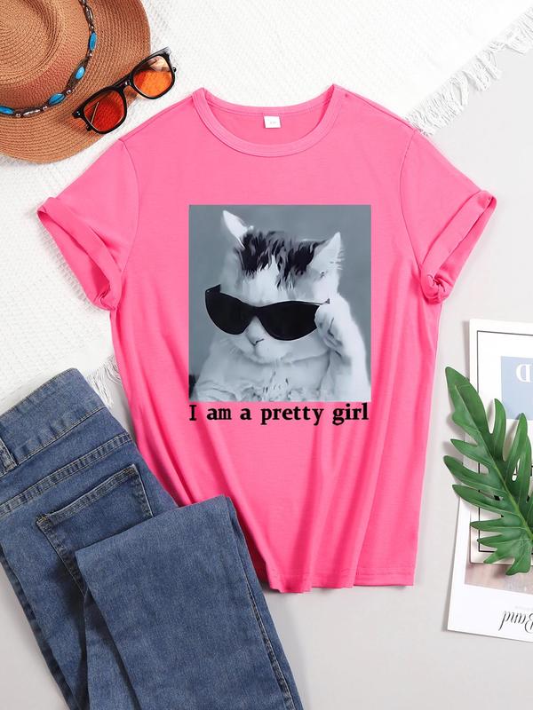Teen Girl's Cat & Letter Print Drop Shoulder Tee, Casual Short Sleeve Round Neck T-Shirt for Summer, Teen Girl's Top for Daily Wear 4