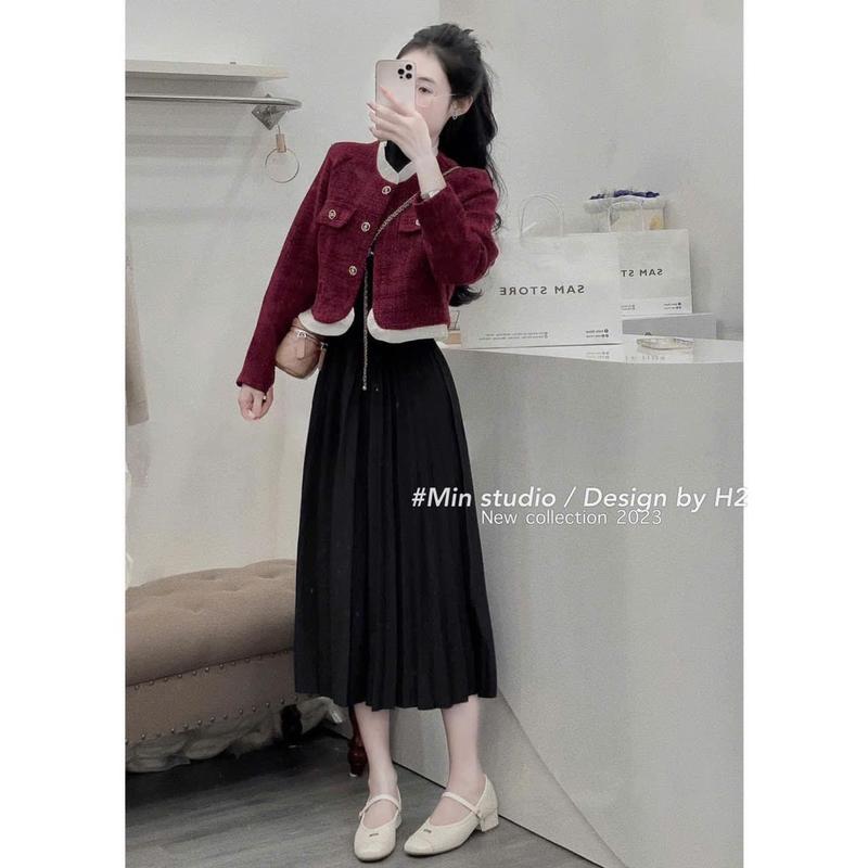 Set áo khoác dạ tweed 2 lớp ,áo dạ đỏ viền bèo kèm chân váy xếp ly dáng dài maxi tiểu thư mùa đông size 40-75kg