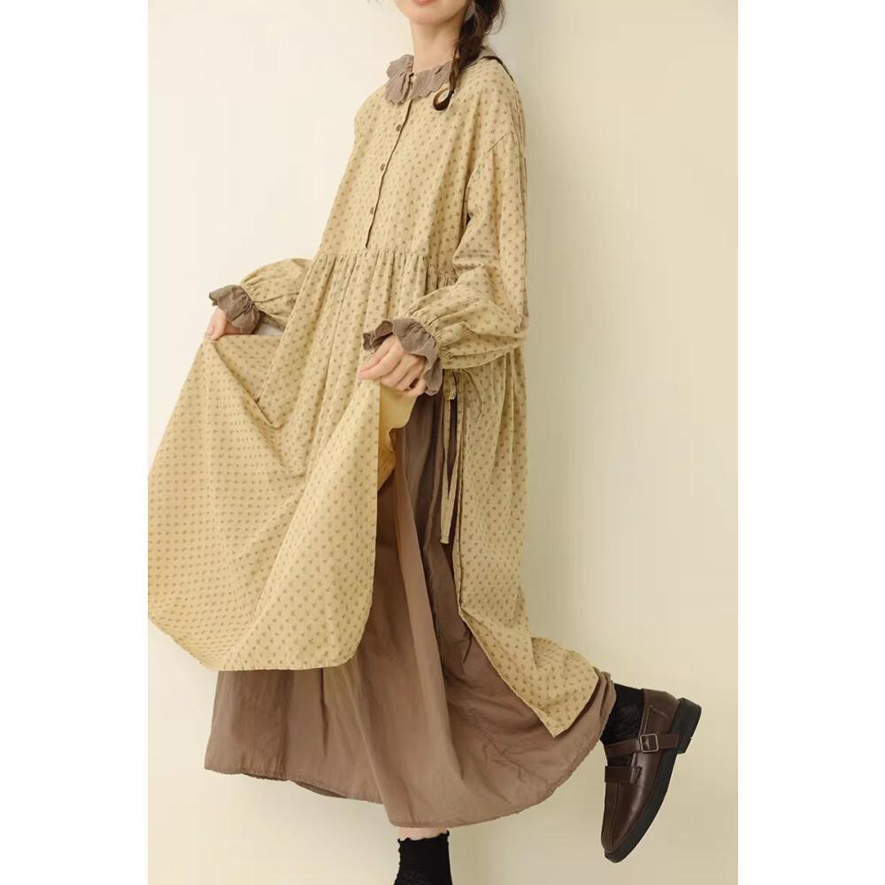 CHICMORE Gaun Manis Kerah Setengah Terbuka Bermotif Bunga Lengan Panjang