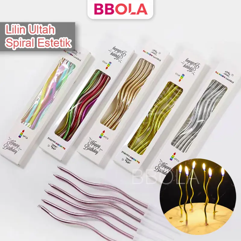 Lilin Ulang Tahun Spiral isi 6 Batang Metalik Tinggi 16 cm Ulir Panjang | Twisted Swirl Tall Candle Kue