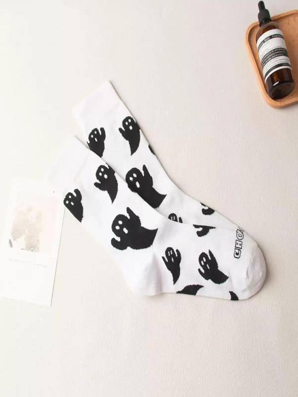 Women's Streetwear Halloween Ghost Print Crew Socks, Y2K Wear Streetwear, Mid-calf Long Socks, Women Socks for All Seasons, 2024 Trendy Matching Seamless Socks, Autumn Wear Autumn Winter Wear, Womenswear 8