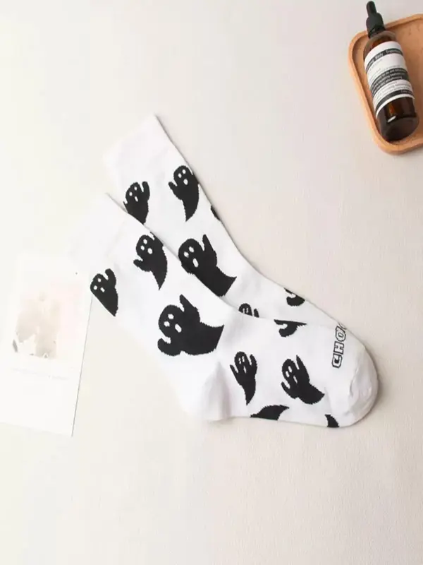 Women's Streetwear Halloween Ghost Print Crew Socks, Y2K Wear Streetwear, Mid-calf Long Socks, Women Socks for All Seasons, 2024 Trendy Matching Seamless Socks, Autumn Wear Autumn Winter Wear, Womenswear 8