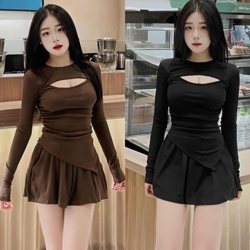 Product Introduction of Set áo khoét ngực kèm chân váy có túi có quần trong chất thun gân co giãn MBB75 12