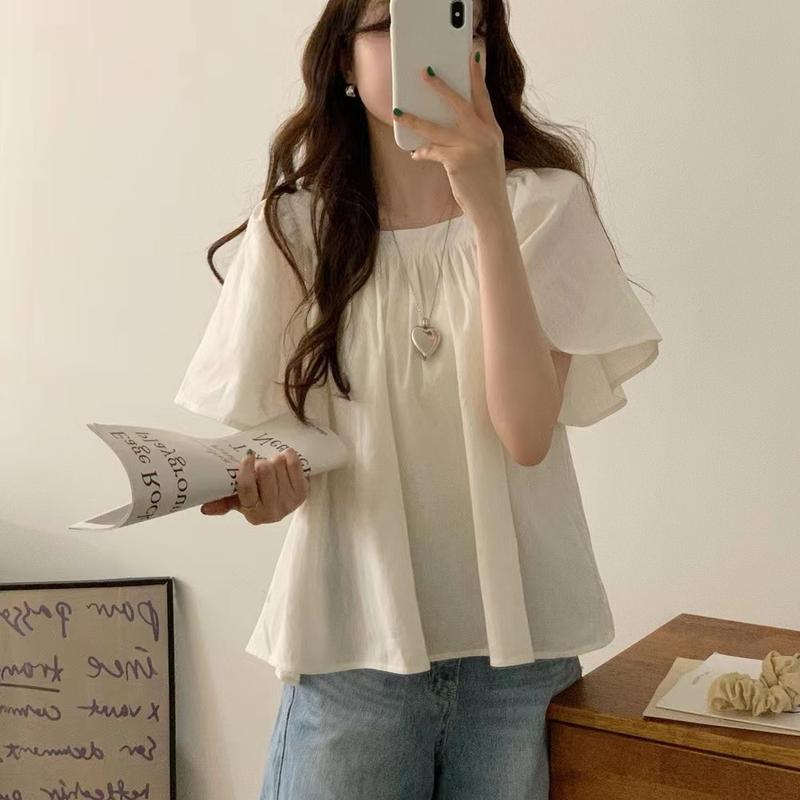 Product Introduction of South Korea Chic Temperamental Minority Elastic Pleated Square Collar Short Loose Large Bell Sleeve Short Sleeve Shirt Top Fabric Fit Womenswear Blouse Clothing Polyester Sleeved Lingerie Solid Style Basic Fitted Minimalist 14