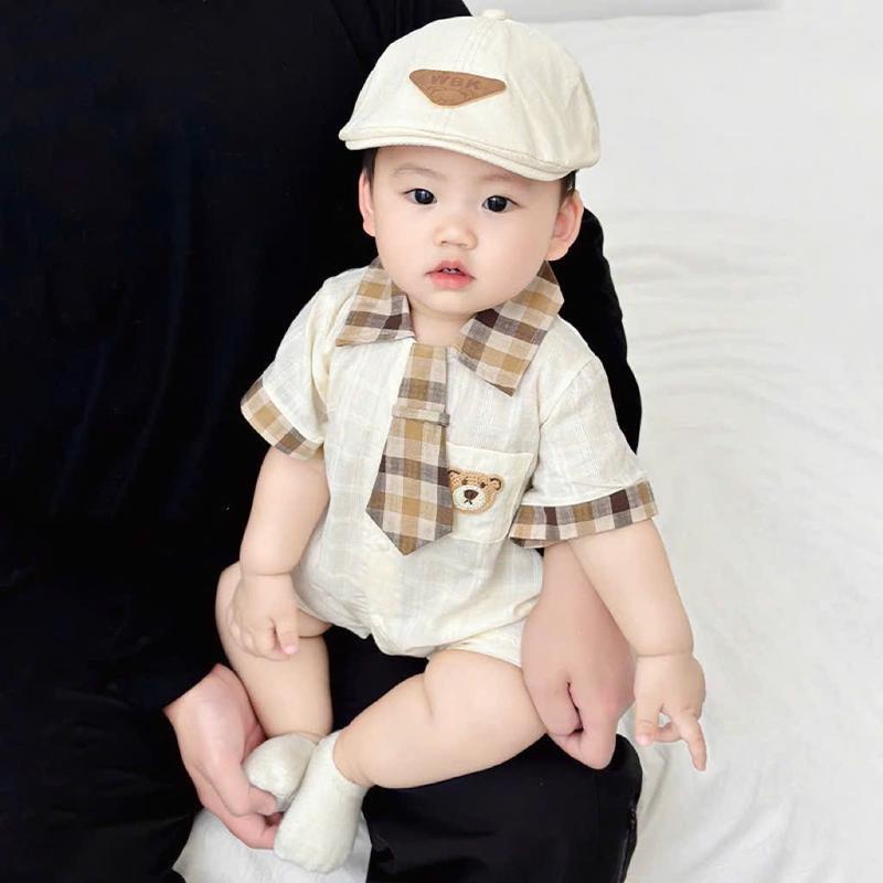 Bộ bodysuit ngắn tay Babyshop88vn cho bé trai bé gái M18.9.24-5 Jumpsuit - Mẫu công tử cà vạt gấu - từ 0 đến 12 tháng tuổi