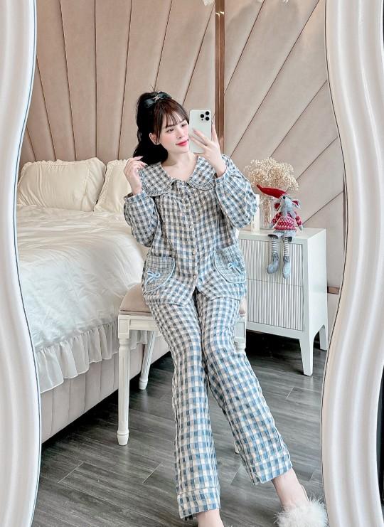 Product Introduction of Đồ Bộ Mặc Nhà Áo Tay Dài Túi Phối Quần Dài Dành Cho Nữ, Chất Vải Kẻ Nhung Mềm Mại, Kiểu Dáng Dễ Thương Form Dưới 60kg Dài Tay Women Tua Rua 19