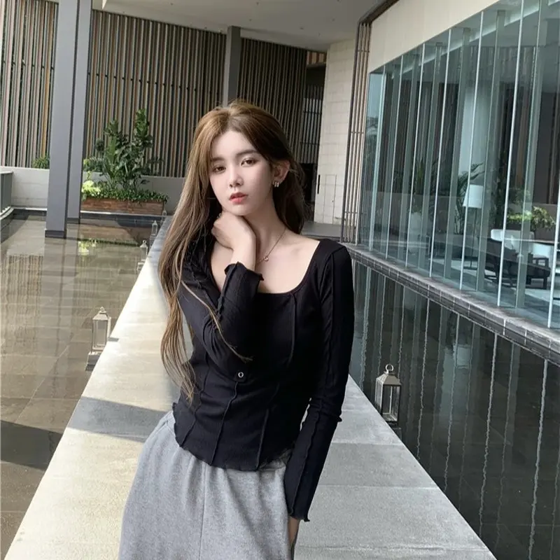 【Premium】 U Neck Long Sleeve Button Up Slim T-Shirt 7027 (S/M/L) 4