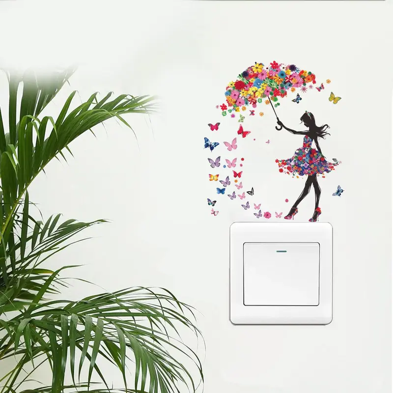Butterfly Flower Umbrella Girl Switch Sticker Decorative Wall Sticker Bedroom Switch Socket Sticker Self-adhesive 8