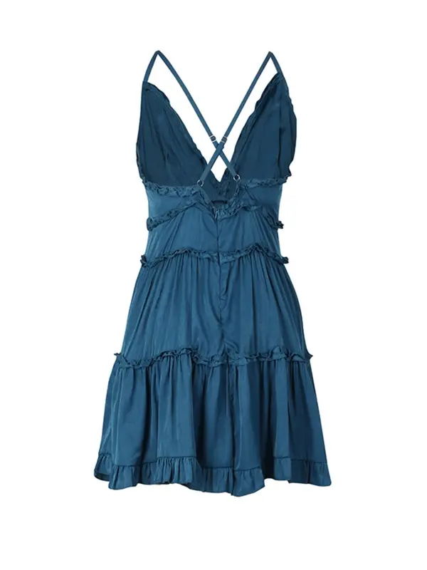 Women's Plain Criss Cross Frill Cami Dress, Adjustable Strap Deep V Neck Short Dress for Summer, Fashion Women's Dress for Beach Holiday, Womenswear, Ruched Ruffled Hem Dress 7