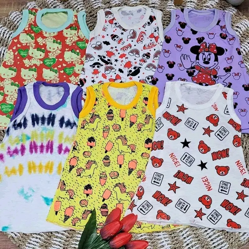 2 pcs Daster Anak Bayi Perempuan Baju Tidur Balita Cewek Kaos Kutung Usia 6 Bulan Sampai 3 Tahun Motif Kekinian Lucu Karakter Warna Warni Lengan Pendek Model Singlet Bahan Kaos Tebal Kain Melar Jahitan Full Obras Leher Kerah U Neck Panjang Dress Selutut 5