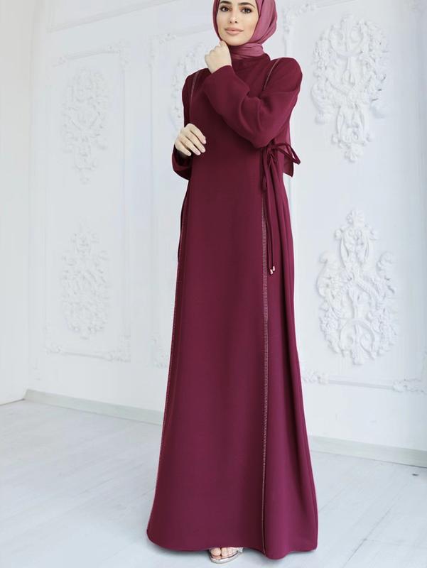 Product Introduction of Muslim Middle East Simple Women's Clothing Long Dress round Neck Solid Color A- line Skirt Long Sleeve Lace Dress 8