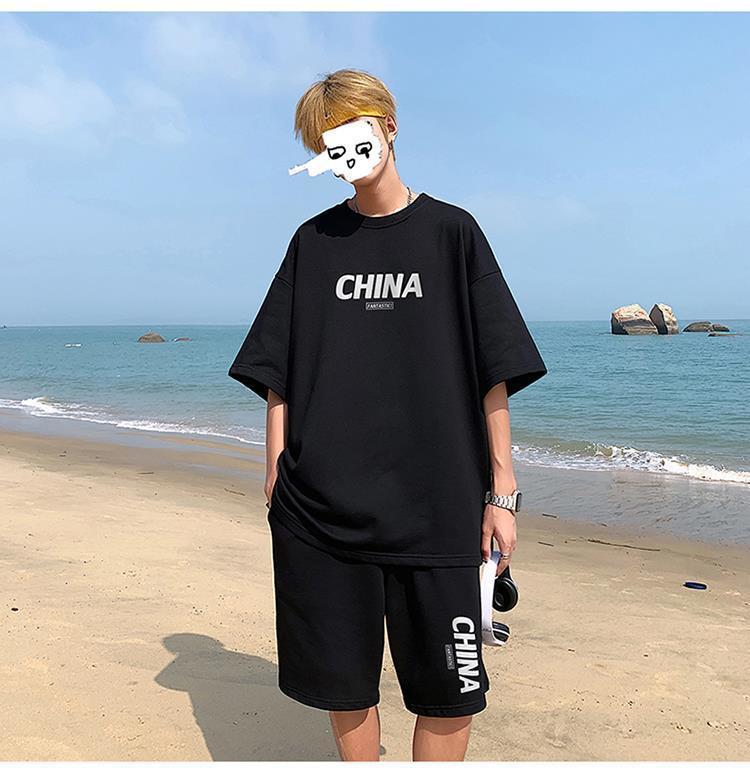 Product Introduction of Summer New Trendy Hong Kong Style Simple Letter Printing Leisure Sports Suit Green Student Short Sleeve Shorts Two Pieces Suit Menswear Overalls Lingerie Formal 25