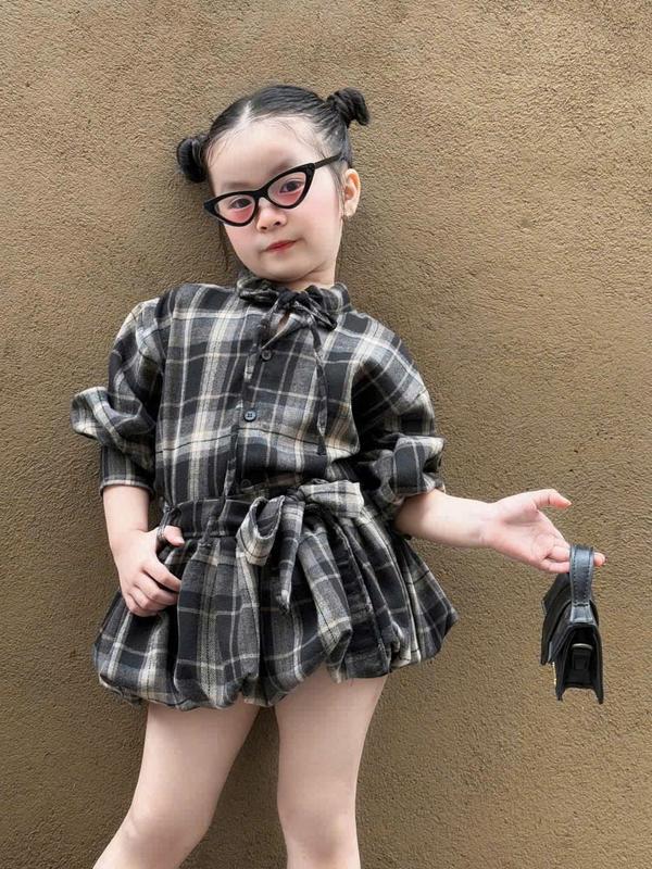 [Lumy]Sét áo sơ mi kẻ caro kèm quần bí 2 lớp đủ size 8-35kg (kẻcarro dài tay )