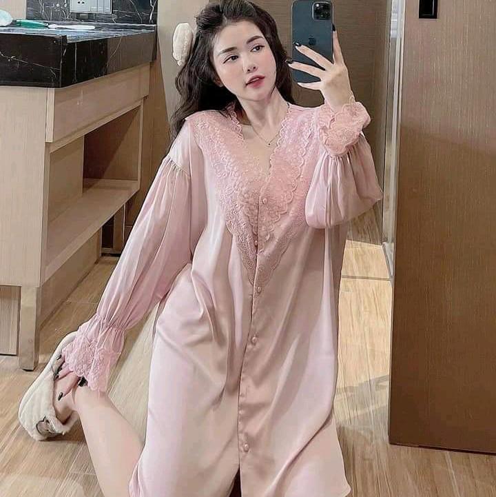 Váy ngủ - Đầm ngủ sơ mi tay dài - Nút Áo Đính Ngọc chất Lụa Latin phối Ren mềm đẹp - Đồ ngủ nữ BIGSIZE 45kg đến 70kg Nữ Dress Đầm sơ mi tiểu thư váy ngủ
