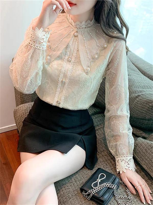Áo sơ mi ren cổ đính đá đính ngọc 2