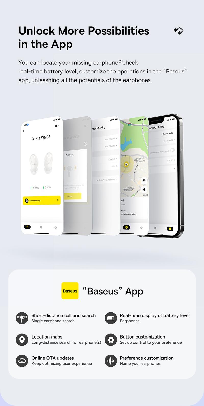 Product Introduction of Baseus Bowie pw02 TWS 5.3 Bluetooth earbuds smart noise reduction in-ear headset built-in microphone touch control true wireless earphone strong Bass Audio earphones 12