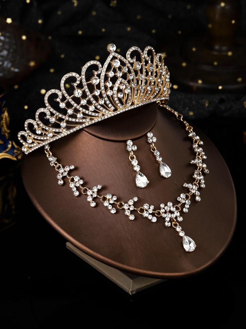 Product Introduction of Elegant Rhinestone Decorated Crown & Necklace & Dangle Earrings, Wedding Bridal Jewelry Set, Fashion Accessories for Party, Daily Clothing Decor 2