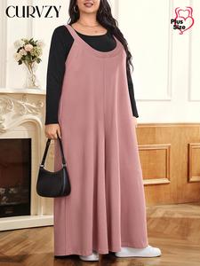CURVZY Plus Size Solid Backless Pocket Wide Leg Overalls Jumpsuit, Casual Scoop Neck Sleeveless Overalls Jumpsuit for Daily Wear, Women's Plus Clothing for All Seasons