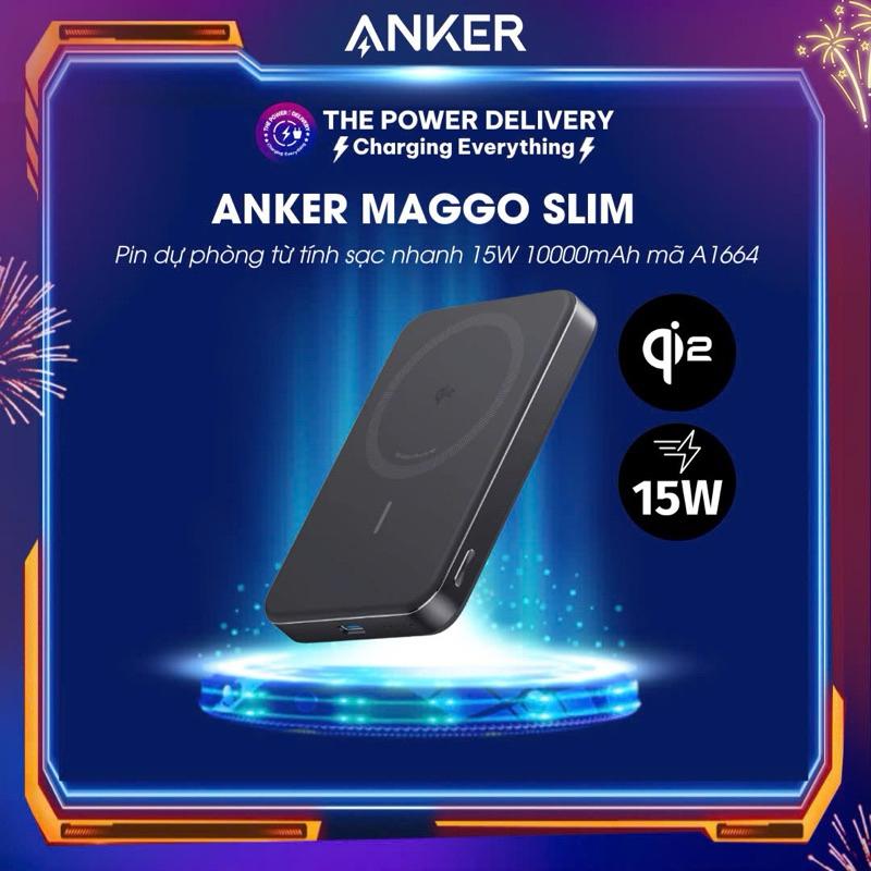 Pin dự phòng từ tính Anker Maggo Slim 10000mAh A1664, chứng nhận Qi2 15W, siêu mỏng, mẫu 2024
