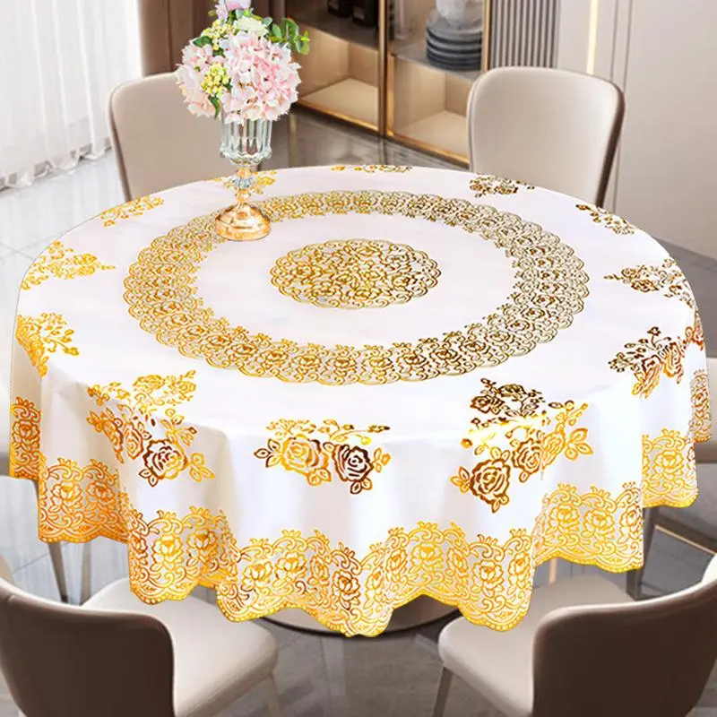 PVC Advanced Round Gold Tablecloth Oil-proof Waterproof Table Cover Heat-resistant Fade-resistant Dining Home Decoration 4/6/8/10 Seats