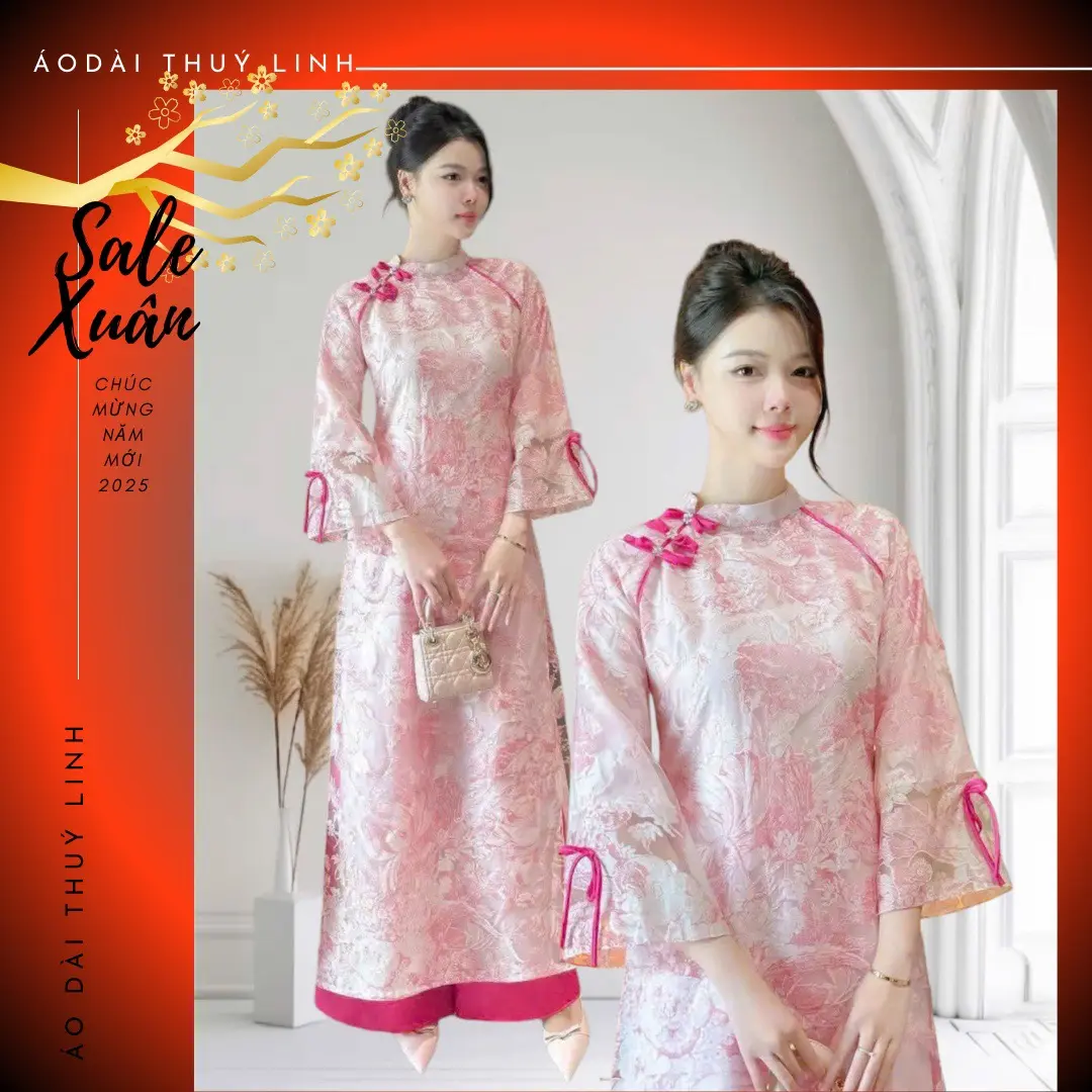 Áo dài cách tân tơ nến vân hoa hồng nhẹ nhàng - Áo dài Thúy Linh