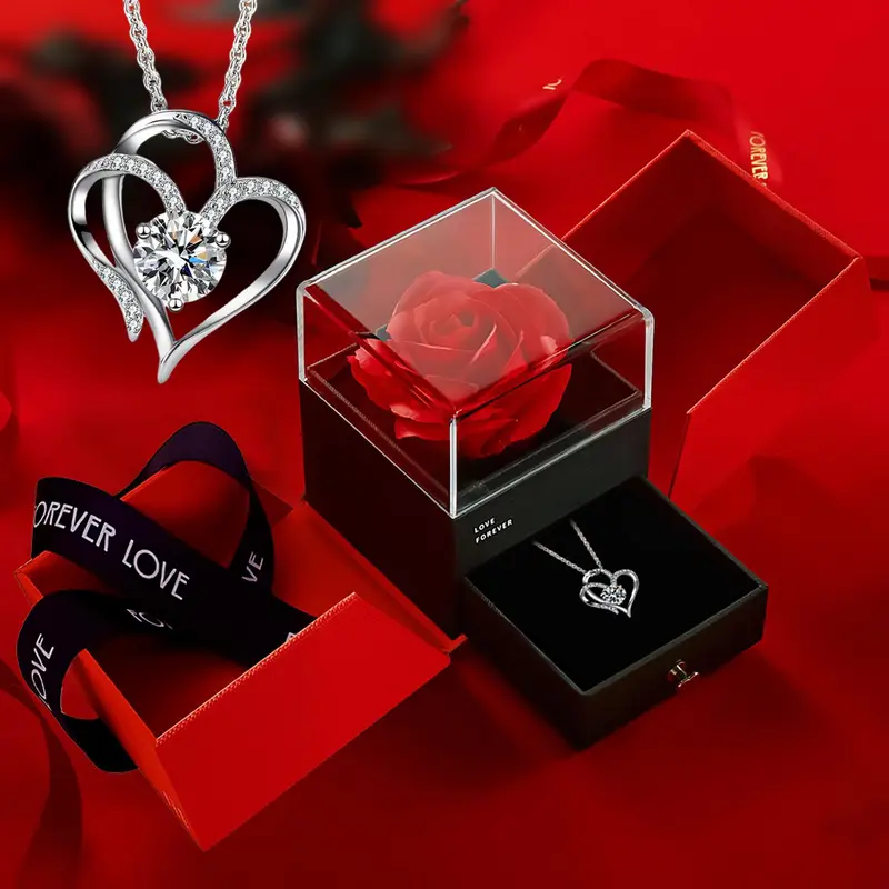 Gift Box with Necklace & Rose Flower, 1 Set Rhinestone Decor Heart Shaped Pendant Necklace Gift Box, Gift Sets, Birthday Anniversary Wedding Gift for Women, Gift for Girls, Valentine's Day Gift Idea 0