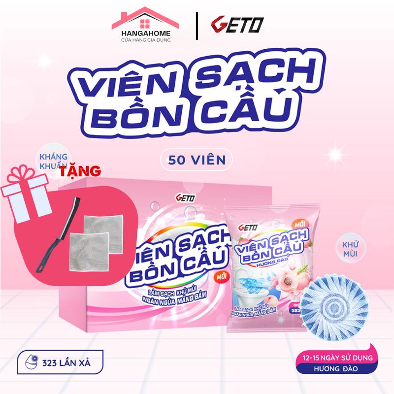 Combo Hộp 50 Viên sạch bồn cầu GETO hương Đào tự nhiên chai thả bồn cầu sạch khuẩn tẩy sạch mảng bám khử mùi diệt vi khuẩn toilet Làm Sạch