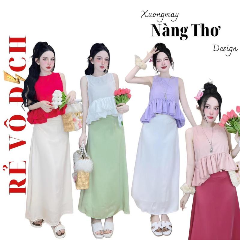 S666 Set Đồ Áo Baby Doll Kem Chân Váy Dáng Dài Chất Đũi Lụa Women Nhung