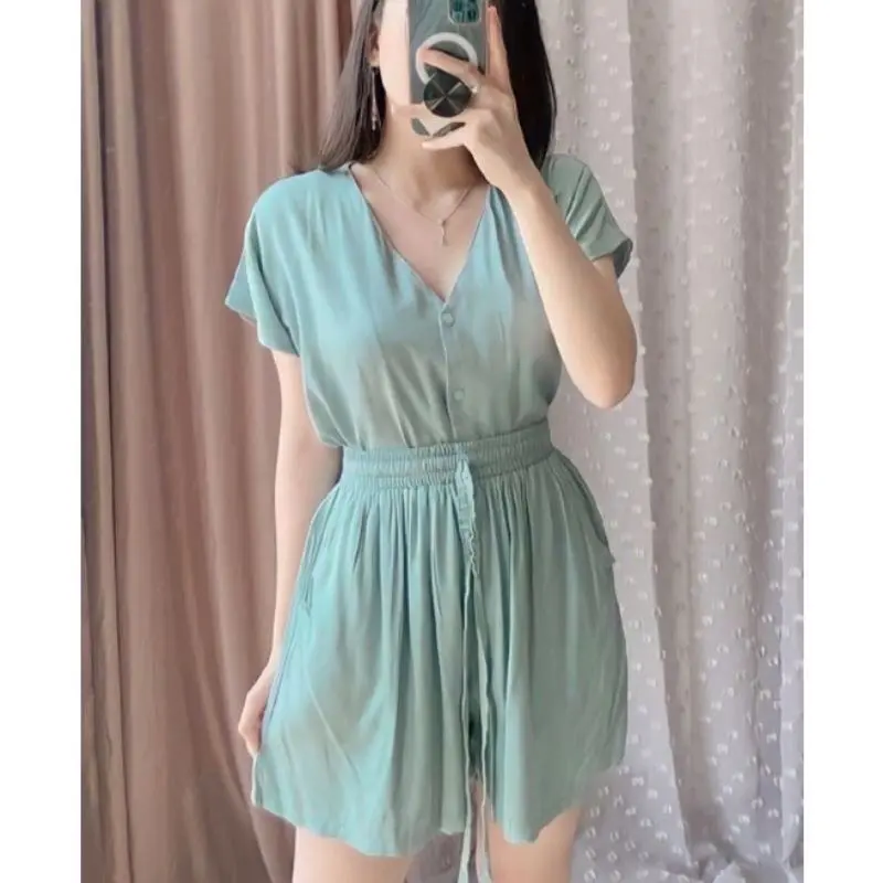 Setelan wanita vneck bahan rayon motif polos ld 110cm celana pendek | Setelan piyama polos vneck bahan rayon twill full kancing Baju Tidur nyaman